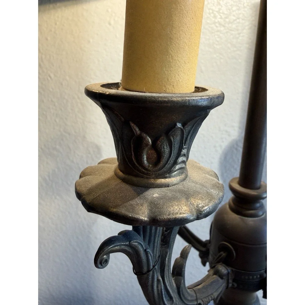 Vintage Brass Desk Table Lamp w/ Black And‎ Gold Designed Shade 4 Candle Lights